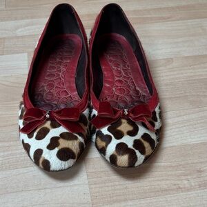 Coach Red and Brown Leopard-Print Ballet Flats with Bow Accent